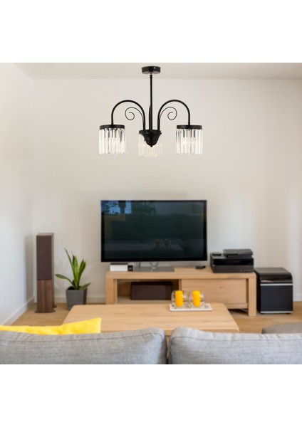 Matias 3Lü Siyah Kristalli, Taşlı Modern Tasarım Kristal Salon Avize