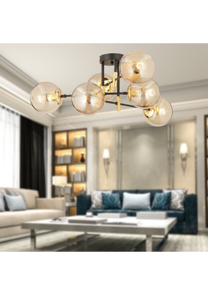 Maral 6Lı Siyah Gold Bal Camlı Modern Genç Odası Yatak Odası Retro Salon Avize