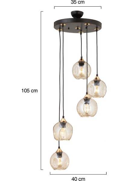 Karya 5Li Yuvarlak Siyah Gold Modern Sarkıt Genç Odası Yatak odası Retro Salon Avize
