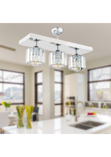Sabrina 3 Lü Sıralı Krom Kaplama Plafonyer Kristalli Taşlı Modern Tasarım Kristal Salon Avize