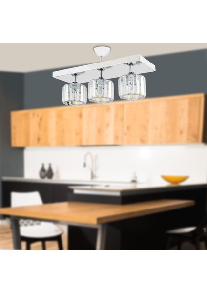 Sabrina 3 Lü Sıralı Krom Kaplama Plafonyer Kristalli Taşlı Modern Tasarım Kristal Salon Avize