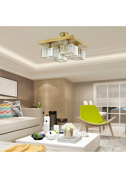 Rivia 4 Lü Eskitme Plafonyer Kristalli Taşlı Modern Tasarım Kristal Salon Avize