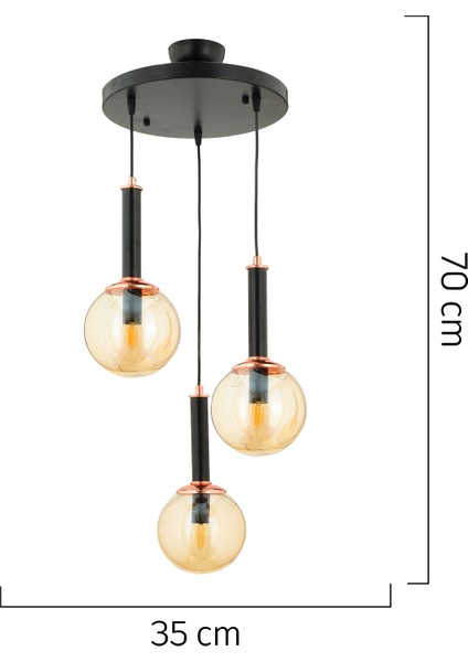 Erna 3Lü Sarkıt Yuvarlak Siyah Modern Genç Odası Mutfak Retro Salon Sarkıt Avize