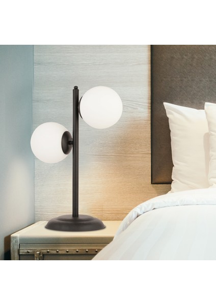 Siena 2Li Siyah Boyalı Beyaz Camlı Masa Lambası Modern Tasarım -Yatak Odası-Salon Retro Abajur