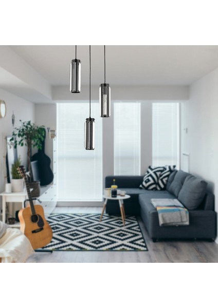 Natali 3 Lü Siyah Kristalli, Taşlı Modern Tasarım Kristal Salon Sarkıt Avize
