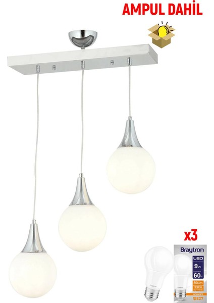 Damla 3 Lü Sıralı -Led Ampul Dahil Modern Koridor Mutfak Salon Sarkıt Avize