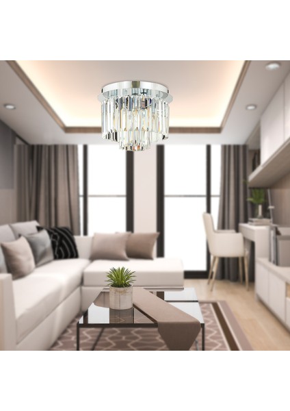 Nilüfer 2 Katlı Küçük Krom Kaplama Yuv. Kristalli Taşlı Modern Tasarım Kristal Salon Avize