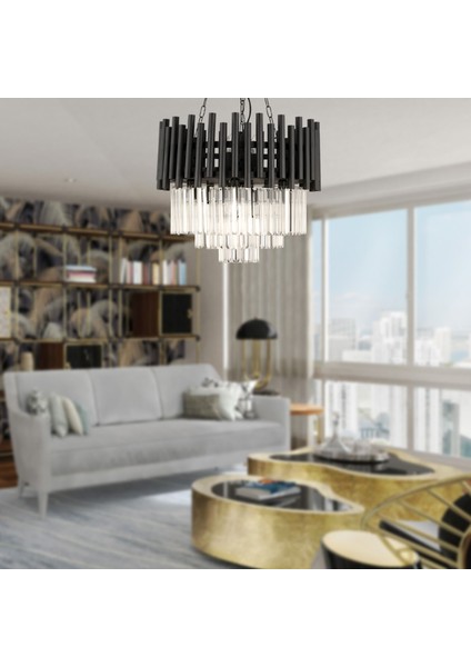 Alfa Siyah Kristalli, Taşlı Modern Tasarım Kristal Salon Avize
