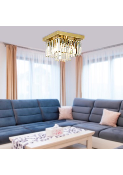 Nilüfer 2 Katlı Küçük Eskitme Kare Kristalli Taşlı Modern Tasarım Kristal Salon Avize