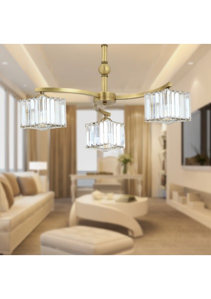 Rima 3 Kollu Eskitme Kristalli Taşlı Modern Tasarım Salon-Yatak Odası Kristal Salon Avize