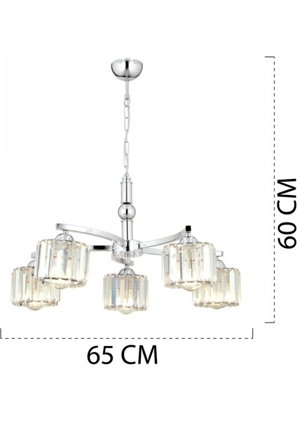 Amir 5 Kollu Krom Kaplama Kristalli Taşlı Modern Tasarım Kristal Salon Avize