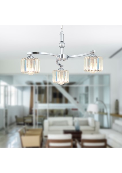 Amir 3 Kollu Krom Kaplama Kristalli Taşlı Modern Tasarım Kristal Salon Avize