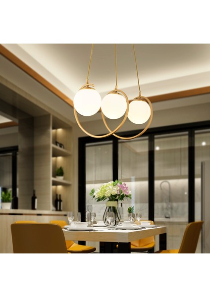 Jarry 3Lü Beyaz Camlı Eskitme Boyalı Modern Tasarım Yemek Masası Üstü Salon Avize