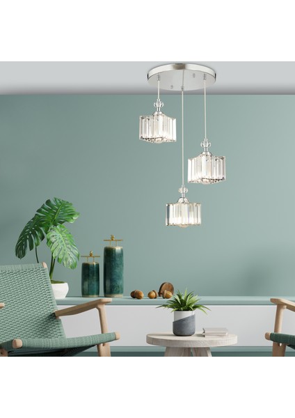 Kuğu 3 Lü Krom Kristalli, Taşlı Modern Tasarım Kristal Salon Sarkıt Avize