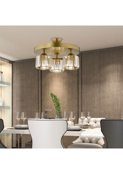 Sabrina 3 Lü Yuvarlak Eskitme Plafonyer Kristalli Taşlı Modern Tasarım Kristal Salon Avize