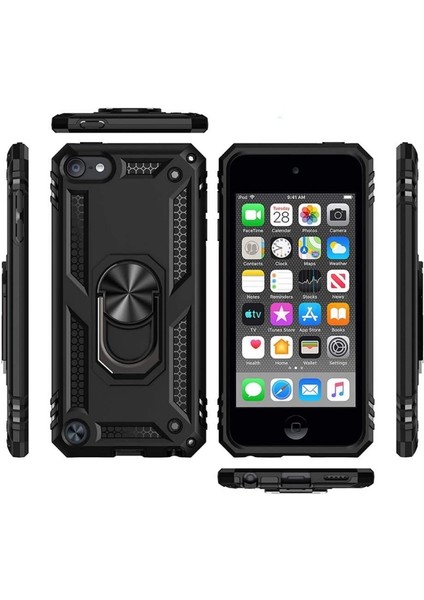 Casestreet Apple Ipod Touch 6.nesil Kılıf Tank Yüzüklü Sert Koruma + Ekran Koruyucu Nano Siyah