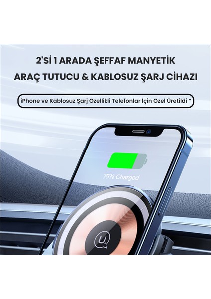 Usams US-CD164 15W 3in1 Ultra-Slim Ev ve Araç Için iPhone Uyumlu Magsafe Şarj ve Araç Içi Telefon Tutucu