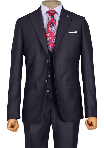 Düz Çift Düğme 6 Drop Yelekli Slim Fit Erkek Takım Elbise