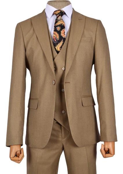 Çizgili Kırçıl Desen Tek Düğme 6 Drop Yelekli Slim Fit Erkek Takım Elbise indirimleri