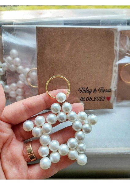 20 Adet Krem Inci Yıldız Anahtarlık - Kişiye Özel Kartlı -Söz Nişan Nikah Kına Hediyesi Düğün Yenidoğan Hediyelik