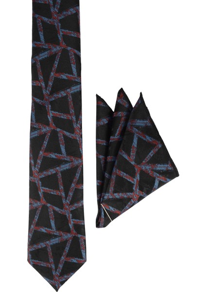 Geometrik Desen Mendilli Mikrofiber Erkek Kravat
