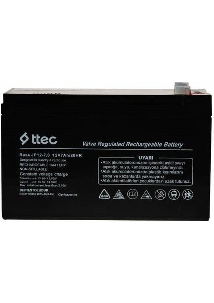 12 Volt 7 Amper Base Akü T.tec 151X65X94 1743 gr