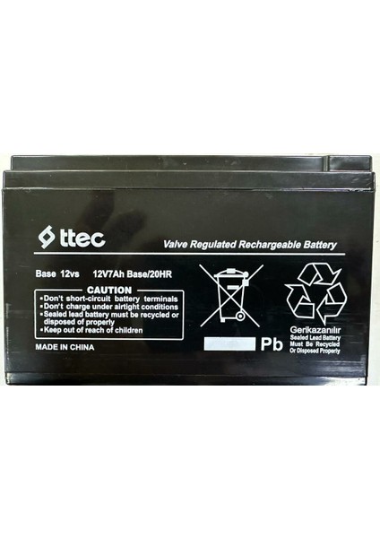 12 Volt 7 Amper Base Akü T.tec 151X65X94 1743 gr