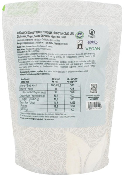 Organik Hindistan Cevizi Unu Glutensiz 1474 gr