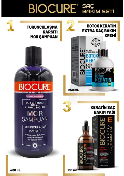 Turunculaşma Karşıtı Mor Şampuan + Botoks Keratin Extra Saç Bakım Kremi + Keratin Saç Bakım Yağı
