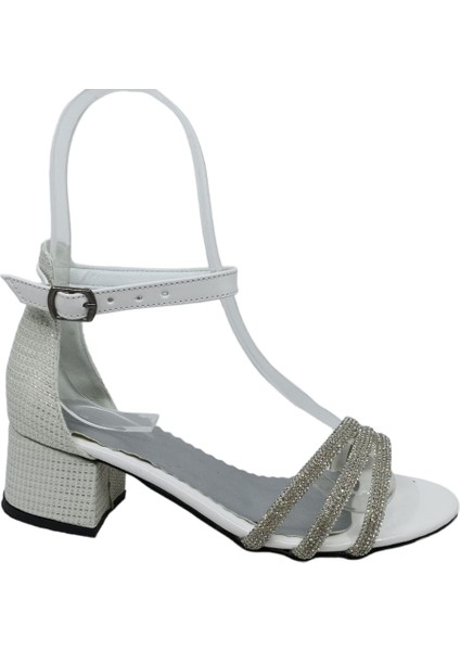 1550 Kız Çocuk Beyaz Taşlı Bantlı Topuklu Ayakkabı