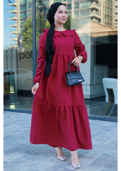 Bebe Yaka Tesettür Elbise Bordo HM2080