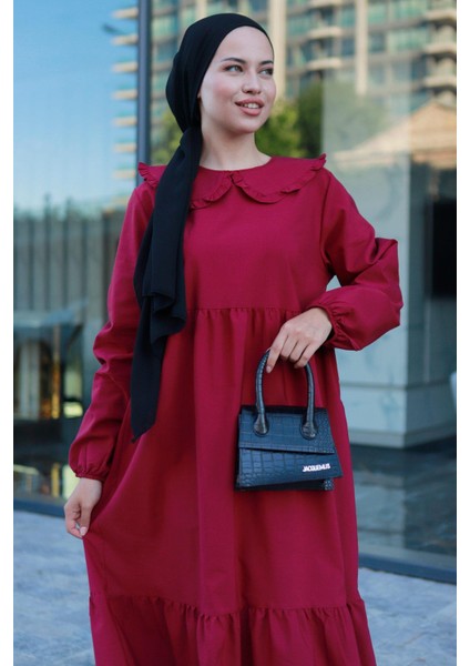 Bebe Yaka Tesettür Elbise Bordo HM2080 fiyatları