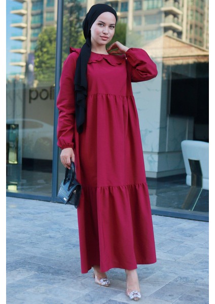 Bebe Yaka Tesettür Elbise Bordo HM2080 modelleri