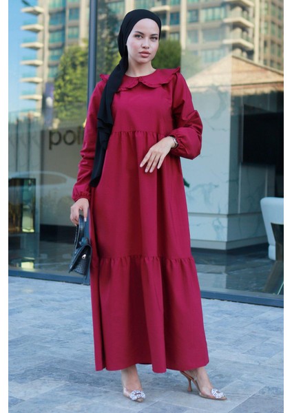 Bebe Yaka Tesettür Elbise Bordo HM2080 indirimleri