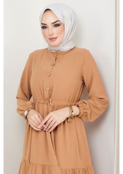 Büzgülü Düğmeli Ayrobin Elbise Camel fiyatları
