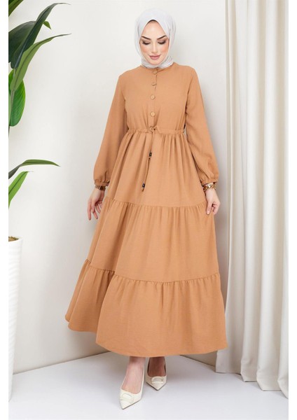 Büzgülü Düğmeli Ayrobin Elbise Camel modelleri