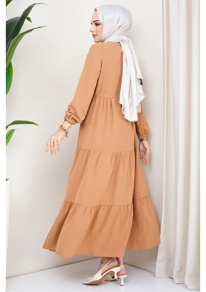 Büzgülü Düğmeli Ayrobin Elbise Camel fırsatları