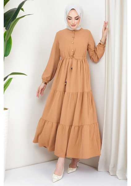 Büzgülü Düğmeli Ayrobin Elbise Camel indirimleri