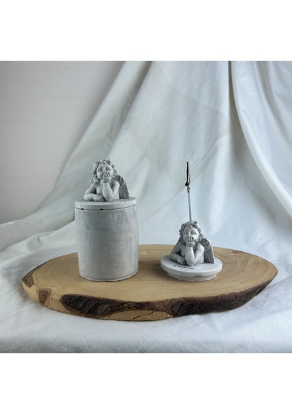 Gri Eskitme Cupid (Melek) Kapaklı Kutu ve Cupid Kaideli Heykel Not Tutucu 2'li Set