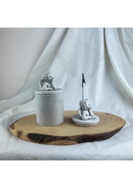 Gri Eskitme Cupid (Melek) Kapaklı Kutu ve Cupid Kaideli Heykel Not Tutucu 2'li Set fiyatları