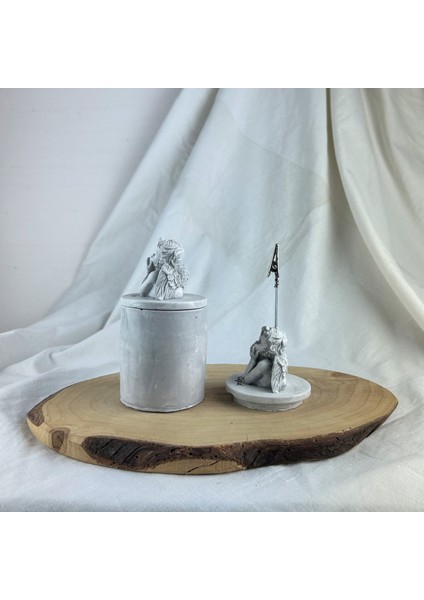Gri Eskitme Cupid (Melek) Kapaklı Kutu ve Cupid Kaideli Heykel Not Tutucu 2'li Set modelleri