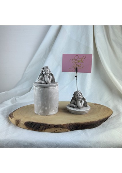 Vizon Eskitme Cupid (Melek) Kapaklı Kutu ve Cupid Kaideli Heykel Not Tutucu 2'li Set