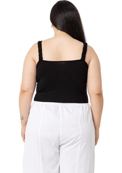 Büyük Beden Askıları Büzgülü Drapeli Crop Siyah Body modelleri