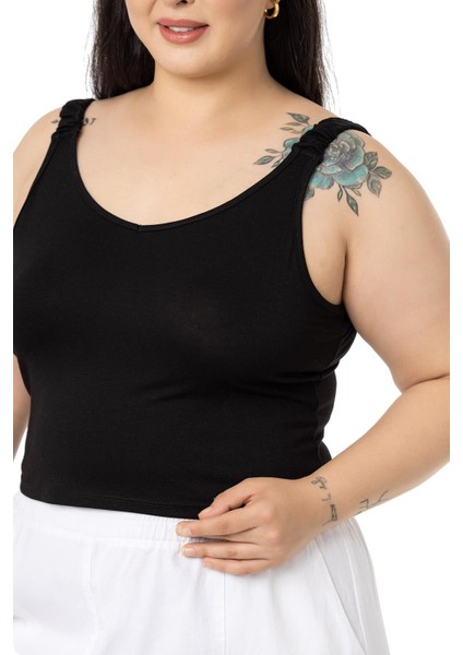 Büyük Beden Askıları Büzgülü Drapeli Crop Siyah Body indirimleri