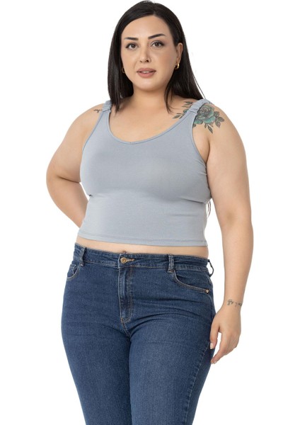 Büyük Beden Askıları Büzgülü Drapeli Crop Gri Body