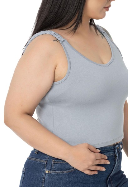 Büyük Beden Askıları Büzgülü Drapeli Crop Gri Body indirimleri
