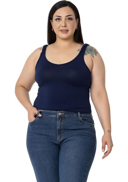 Büyük Beden Askıları Büzgülü Drapeli Crop Lacivert Body