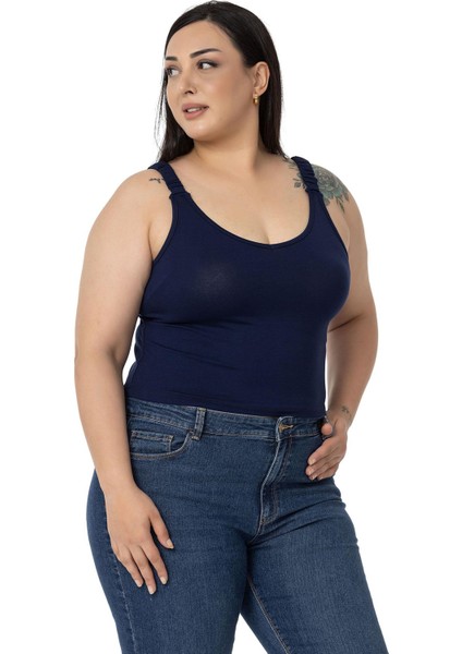Büyük Beden Askıları Büzgülü Drapeli Crop Lacivert Body fırsatları