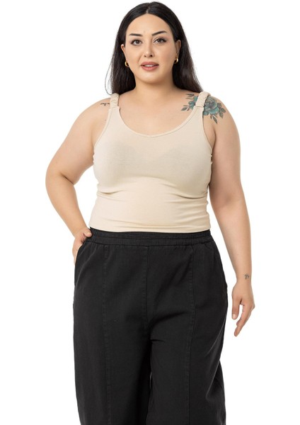 Büyük Beden Askıları Büzgülü Drapeli Crop Bej Rengi Body