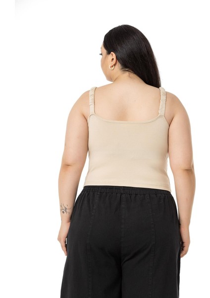 Büyük Beden Askıları Büzgülü Drapeli Crop Bej Rengi Body modelleri
